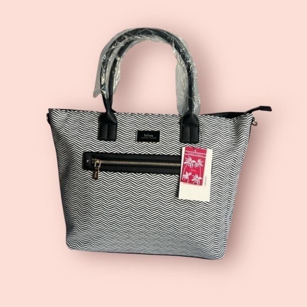 Trina Turk Black and White Zig Zag Tote with Detachable Shoulder Strap